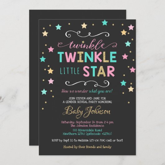 きらめく星の赤ちゃんシャワー、ジェンダーの明け方 招待状 (正面/裏面)