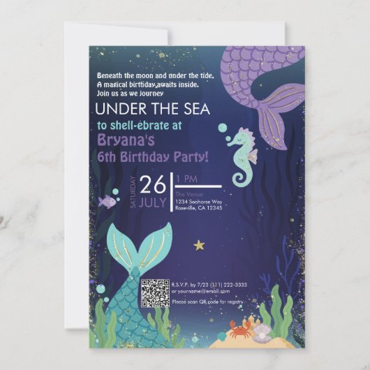 きらめく洞窟の海底の人魚の誕生日 招待状 (正面)