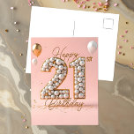 きらめく真珠と金ゴールドアクセント21st誕生日 ポストカード<br><div class="desc">この見事な21歳の誕生日ポストカードを使って、お祝いのスポットライトを浴びてみよう。このポストカードは、忘れられないマイルストーンの瞬間のために特別に作られた真の最高傑作だ。デザインは優雅に踊る。輝く真珠と黄金のアクセントで飾られた魅惑的な「21」は、優雅な白と金ゴールドの風船が夢を見るかのように浮かぶ柔らかいピンク色の背景に置かれている。すべての詳細は人生のお祝いであり、あなた自身の心の願いを反映するために完全に文字によってあなたカスタマイズの個人的なtouchを注入するように招待する。完全にカスタマイズ可能な文字を使用しユニークて、受信者と同じメッセージを作成し、このハガキをメッセージのあいさつシンプルから大切なキープサクに変換する。愛する友人、大切な家族のメンバー、あるいは自分の旅のお祝いのためであろうと、このハガキは21に変わり、スタイルと暖かさの思い出に残る章となる。</div>