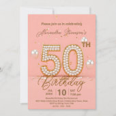 きらめく真珠と金ゴールドアクセント50誕生日 招待状 (正面)