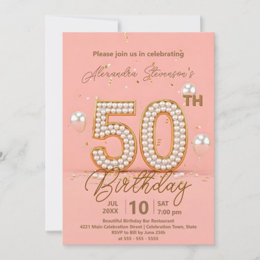 きらめく真珠と金ゴールドアクセント50誕生日 招待状 (正面)
