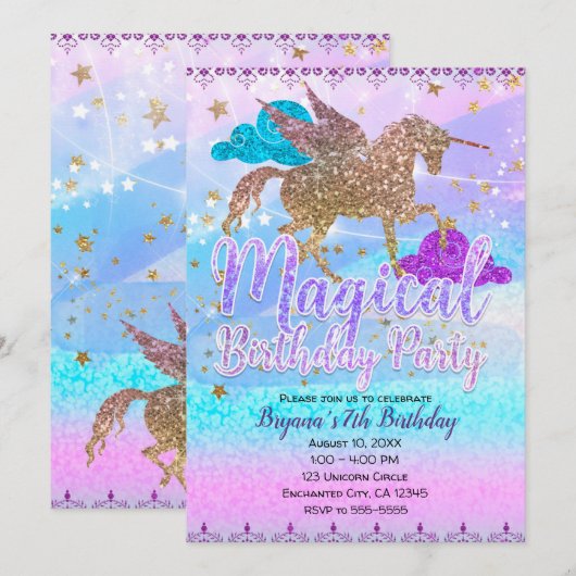 きらめく空飛ぶユニコーンの魔法の誕生日パーティー 招待状 (正面/裏面)