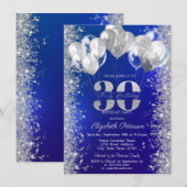 きらめく紙吹雪バルーン ネイビーブルー 30歳の誕生日 招待状 (正面/裏面)