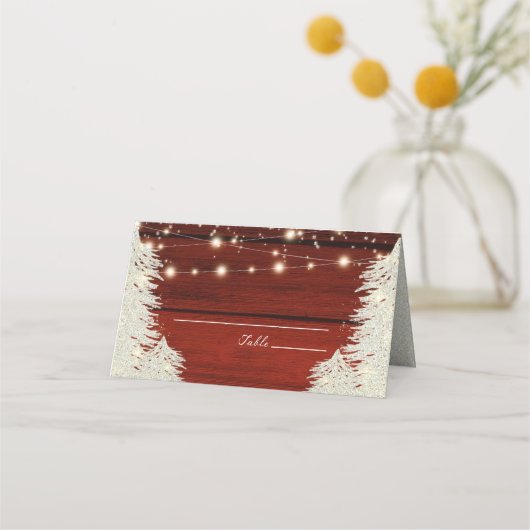 きらめく素朴ウッドストリングライトツリー結婚ズ プレイスカード (正面)