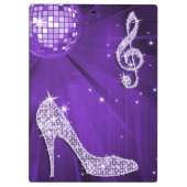 きらめく紫色の薄紫音楽ノート及びスチレットヒール クリップボード (裏面)