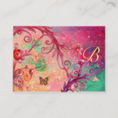 きらめく蝶、ピンク、赤い渦巻きモノグラム 名刺 (裏面)
