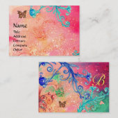 きらめく蝶、ピンク、青い渦巻きモノグラム 名刺 (正面/裏面)