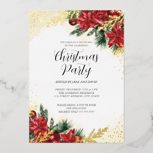 きらめく赤い金ゴールドの葉クリスマスパーティー 箔招待状 (正面)