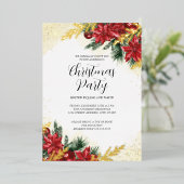 きらめく赤い金ゴールドの葉クリスマスパーティー 箔招待状 (立ち正面)