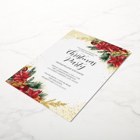 きらめく赤い金ゴールドの葉クリスマスパーティー 箔招待状 (回転した状態)