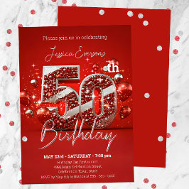 きらめく赤と銀の50th誕生日パーティー 招待状