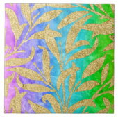 きらめく金ゴールドの葉の模様の虹 タイル (正面)