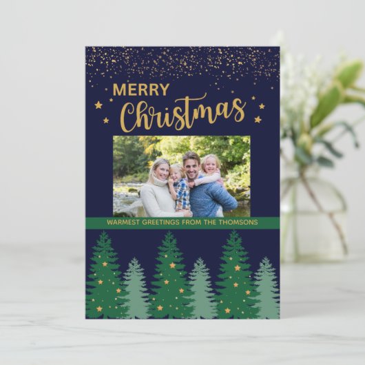 きらめく金ゴールドスタイリッシュ冬の松の木のクリスマス シーズンカード (スタンド正面)