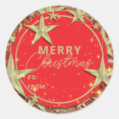 きらめく金ゴールドスターズオンレッドグリッタークリスマス ラウンドシール (正面)