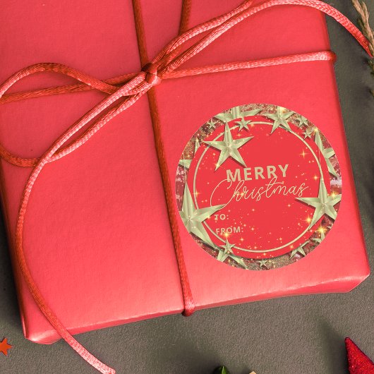 きらめく金ゴールドスターズオンレッドグリッタークリスマス ラウンドシール