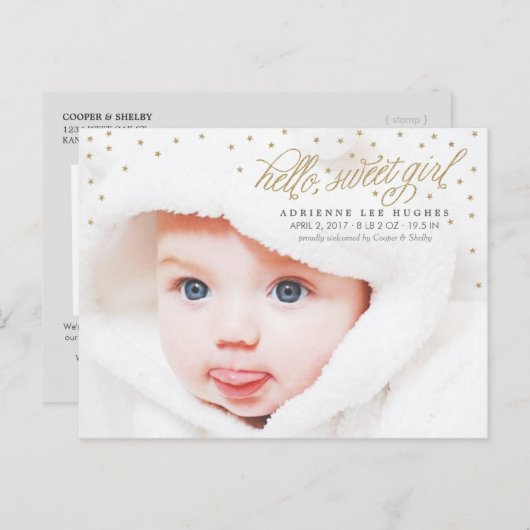 きらめく金ゴールドスターズベビーガール誕生のお知らせ 案内ポストカード (正面/裏面)