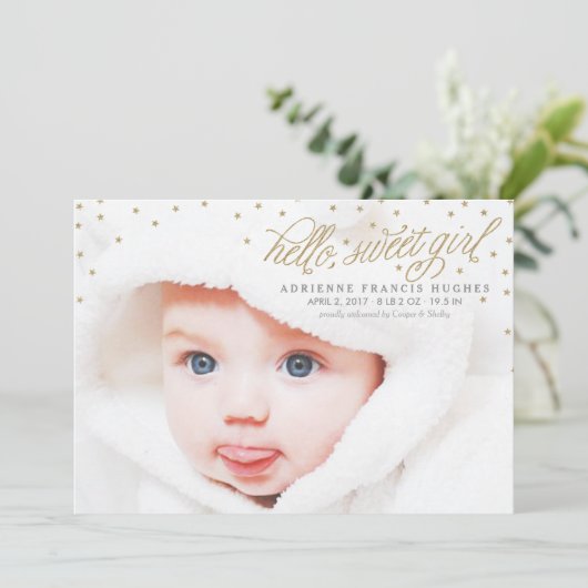 きらめく金ゴールドスターズベビーガール誕生のお知らせ 案内状 (スタンド正面)