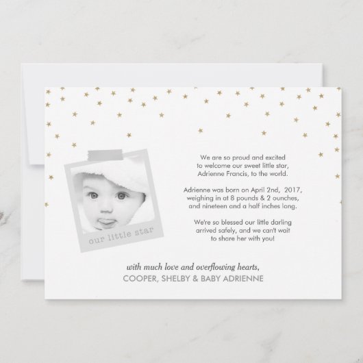 きらめく金ゴールドスターズベビーガール誕生のお知らせ 案内状 (裏面)