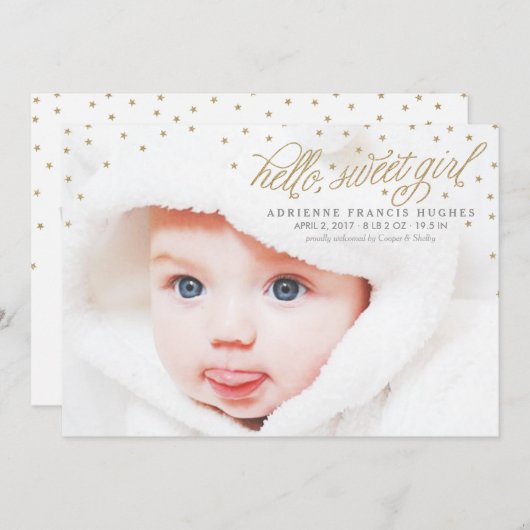 きらめく金ゴールドスターズベビーガール誕生のお知らせ 案内状 (正面/裏面)