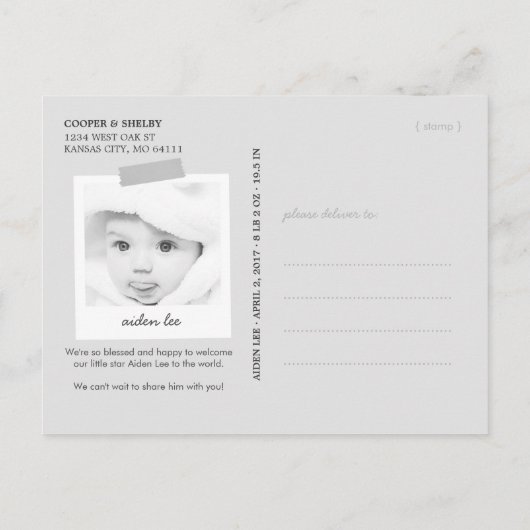 きらめく金ゴールドスター男の赤ちゃん誕生のお知らせ 案内ポストカード (裏面)