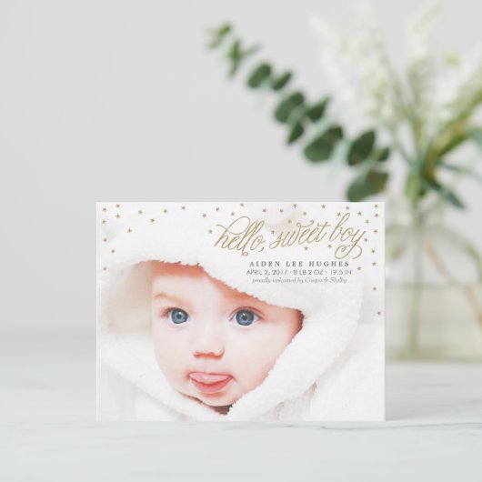 きらめく金ゴールドスター男の赤ちゃん誕生のお知らせ 案内ポストカード (スタンド正面)