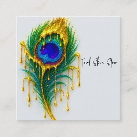 きらめく金ゴールドドリップ美しいグラムピーコックフェザー スクエア名刺 (正面)