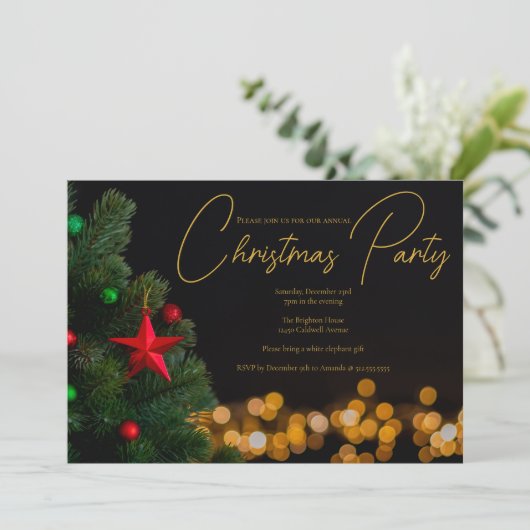 きらめく金ゴールドライトクリスマモダンスパーティー 招待状 (スタンド正面)