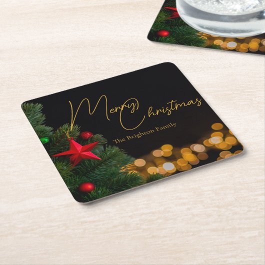 きらめく金ゴールドライトメリーモダンクリスマスパーティー スクエアペーパーコースター (アングル)