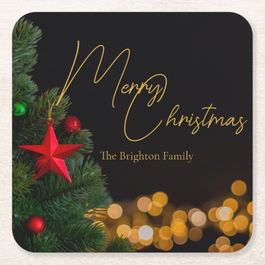 きらめく金ゴールドライトメリーモダンクリスマスパーティー スクエアペーパーコースター (正面)