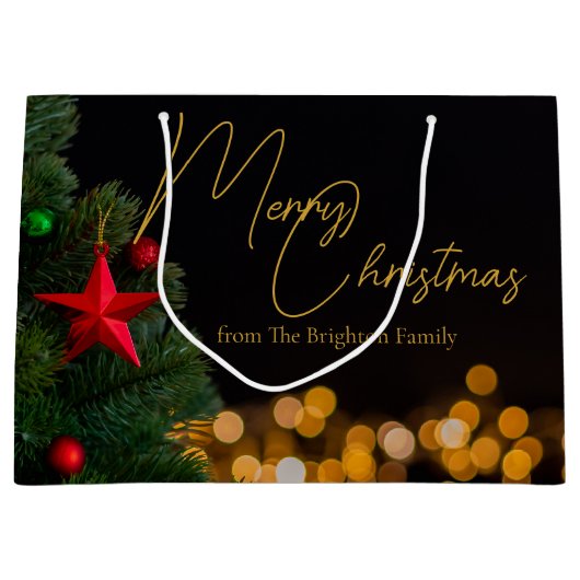 きらめく金ゴールドライトメリーモダンクリスマスパーティー ラージペーパーバッグ (正面)