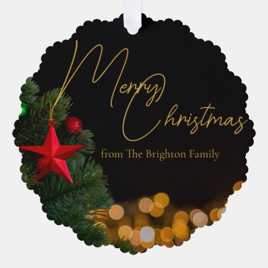 きらめく金ゴールドライトメリーモダンクリスマス オーナメントカード (正面)