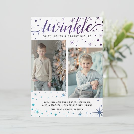 きらめく降雪模様 |紫とティール(緑がかった色) シーズンカード (スタンド正面)