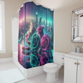 きらめく雨滴バラ街並み《写真》ぼけ味アート シャワーカーテン (インサイチュ)