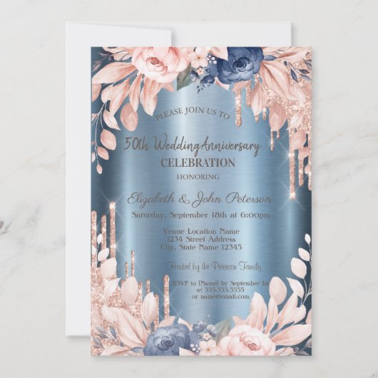 きらめく雫の花 ブルー 結婚記念日 招待状 (正面)
