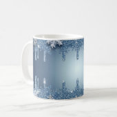 きらめく青い雪の結晶フレームと氷柱 コーヒーマグカップ (正面左)