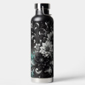 きらめく黒とターコイズブルーの花柄 ウォーターボトル (左面)