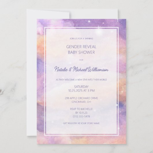 きらめく、きらめく、小さな星の性別シャワーを明らかにする 招待状 (裏面)