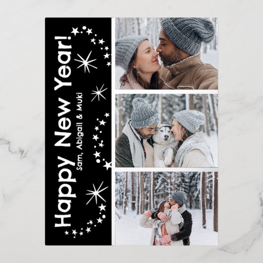 きらめくHappy New Year Fireworks 3写真 箔シーズンポストカード (正面)