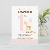 きりんの1歳の誕生日招待状（ピンク） 招待状 (スタンド正面)