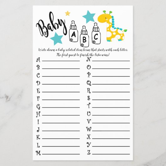 きりん カラフル ABC ベビーシャワー ゲーム カード (正面)