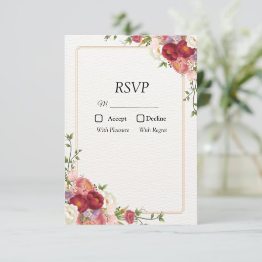 きれいなお花のゴールデンフラワーフレーム 出欠をお知らせください 出欠カード (スタンド正面)