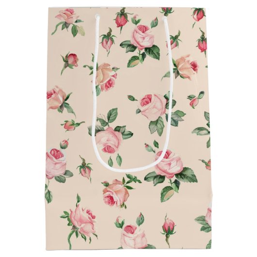 きれいなバラの花 ピンクの桃色のクリーム ブライダルシャワー ミディアムペーパーバッグ (裏面)
