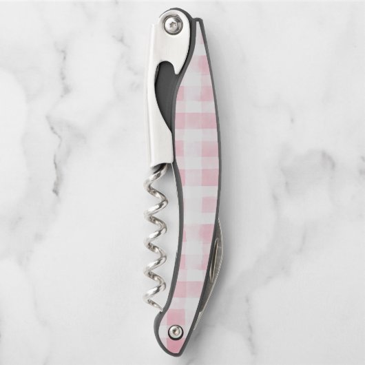 きれいなピンクと白の格子縞のストライプの結婚前のお祝い ソムリエナイフ (正面)