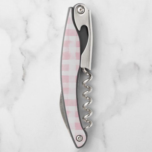 きれいなピンクと白の格子縞のストライプの結婚前のお祝い ソムリエナイフ (裏面)