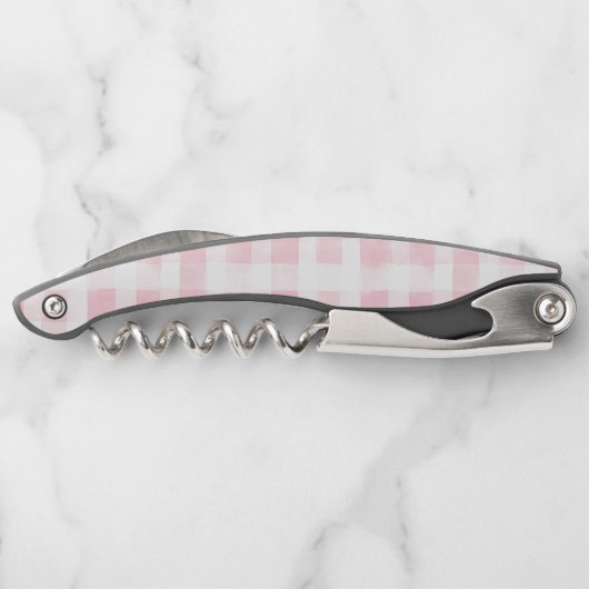 きれいなピンクと白の格子縞のストライプの結婚前のお祝い ソムリエナイフ (裏面)