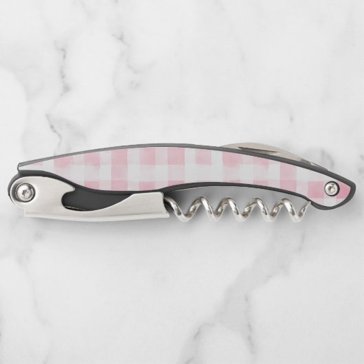 きれいなピンクと白の格子縞のストライプの結婚前のお祝い ソムリエナイフ (正面)