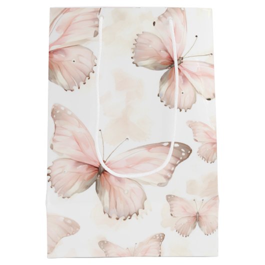 きれいなピンクの蝶の誕生日 ミディアムペーパーバッグ (裏面)