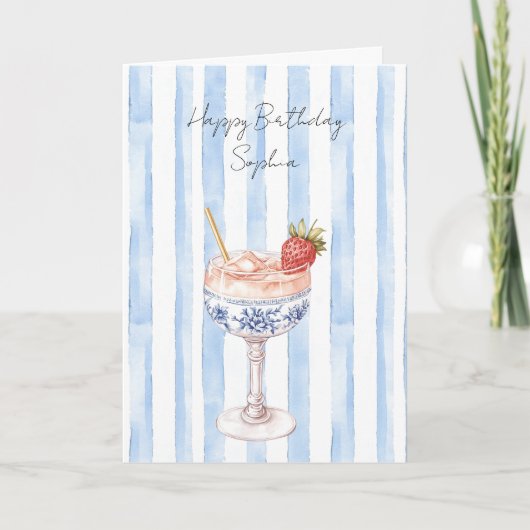 きれいなブルー ホワイト ストライプ ストロベリー バースデー カード (正面)