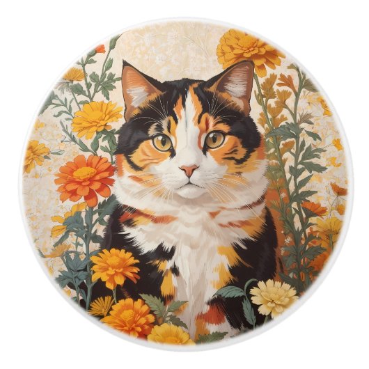 きれいな三毛猫とマリーゴールドの花 セラミックノブ (正面)