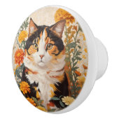 きれいな三毛猫とマリーゴールドの花 セラミックノブ (右)